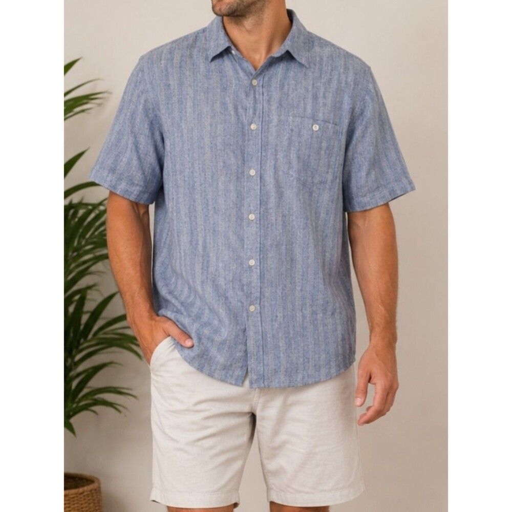 Weatherproof Vintage Linen Blend Button Front Shirt XXL Blue Striped Short Sleev